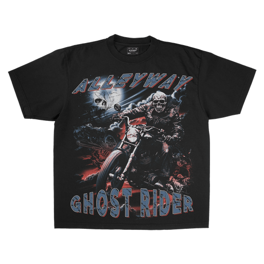 Ghost Rider tee front view, flaming skull design on vintage graphic tee