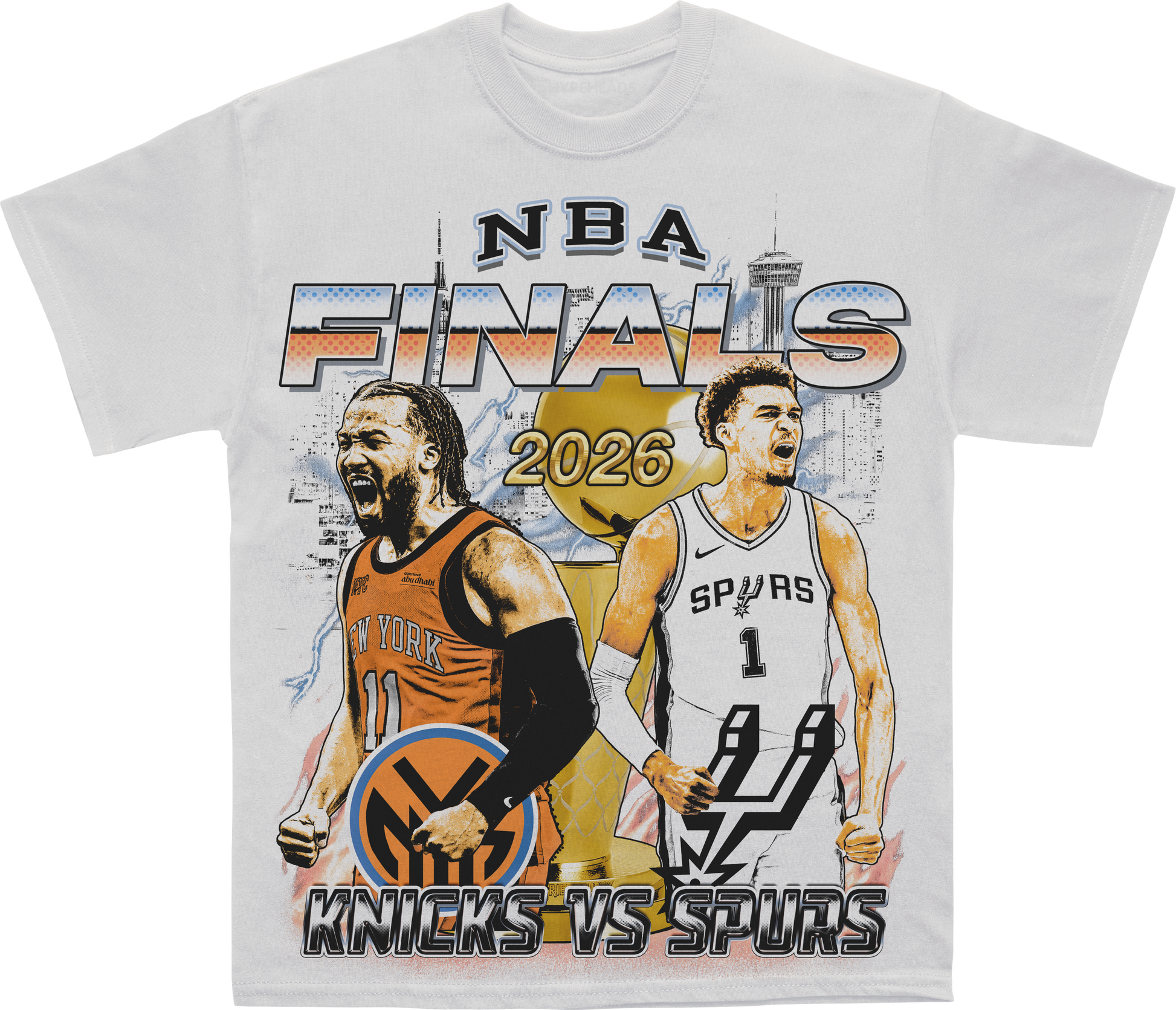 NBA Finals 2026 New York Knicks vs San Antonio Spurs Graphic Tee – front view, white heavyweight tee – Alleyway Studios