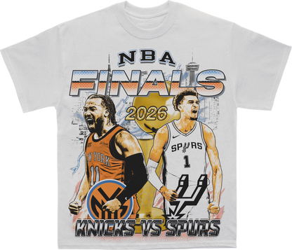 NBA Finals 2026 New York Knicks vs San Antonio Spurs Graphic Tee – front view, white heavyweight tee – Alleyway Studios