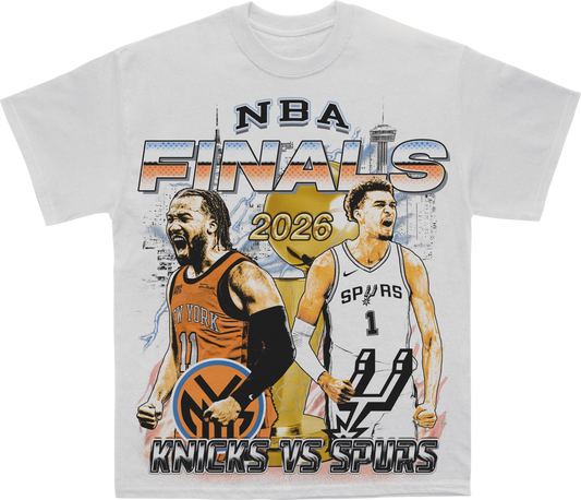 NBA Finals 2026 New York Knicks vs San Antonio Spurs Graphic Tee – front view, white heavyweight tee – Alleyway Studios