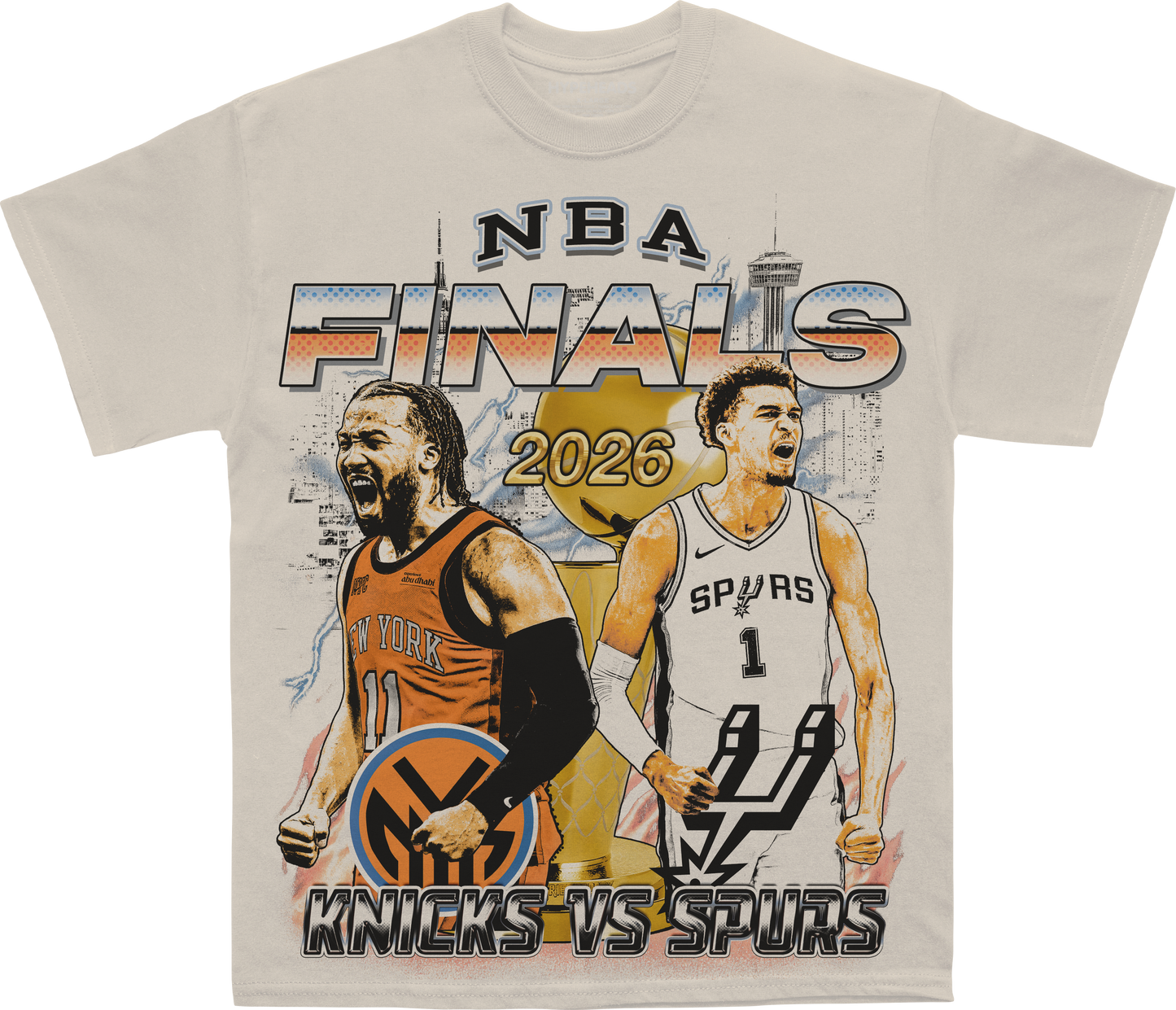 NBA Finals 2026 New York Knicks vs San Antonio Spurs Graphic Tee – detail view, championship graphic print – Alleyway Studios