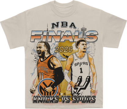NBA Finals 2026 New York Knicks vs San Antonio Spurs Graphic Tee – detail view, championship graphic print – Alleyway Studios