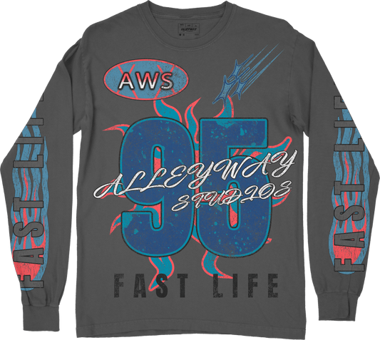 Fast Life - LA Apparel - Long Sleeve Vintage Black featuring streetwear design with bold graphics and vibrant colors.
