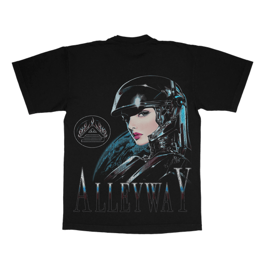 futuristic femme cyborg graphic on vintage graphic tee